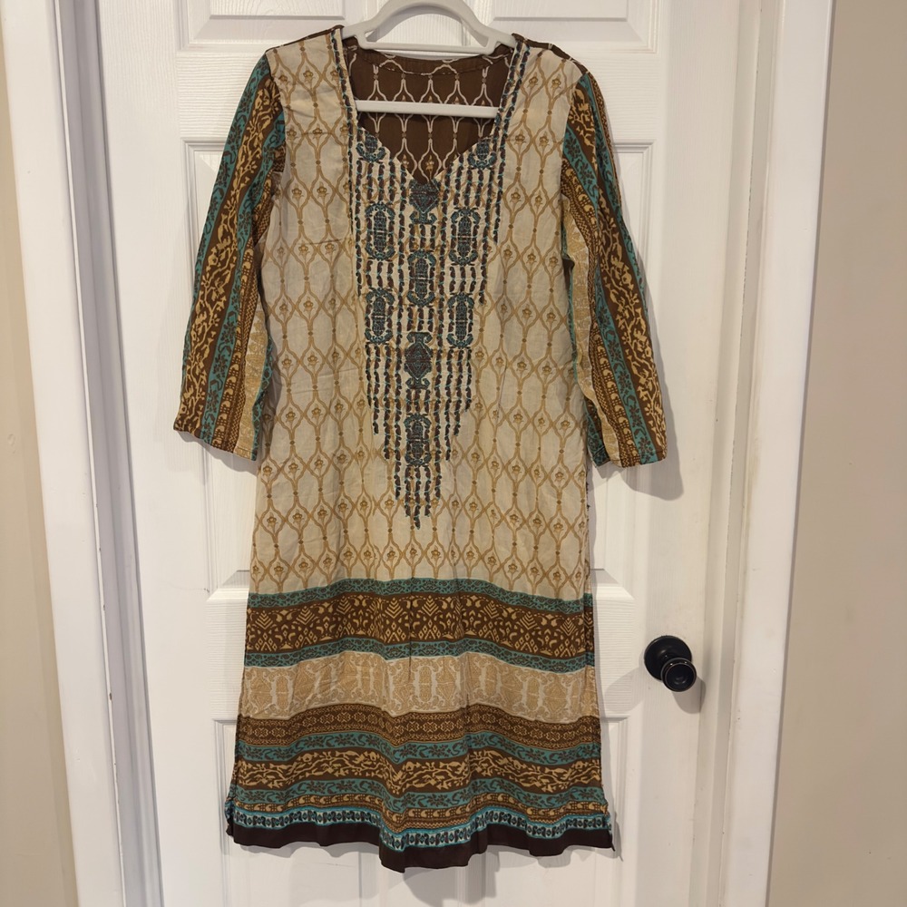 Womens Brown Turquoise Geometric Floral Beaded Kurta Tunic Dress 3/4 Sleeve